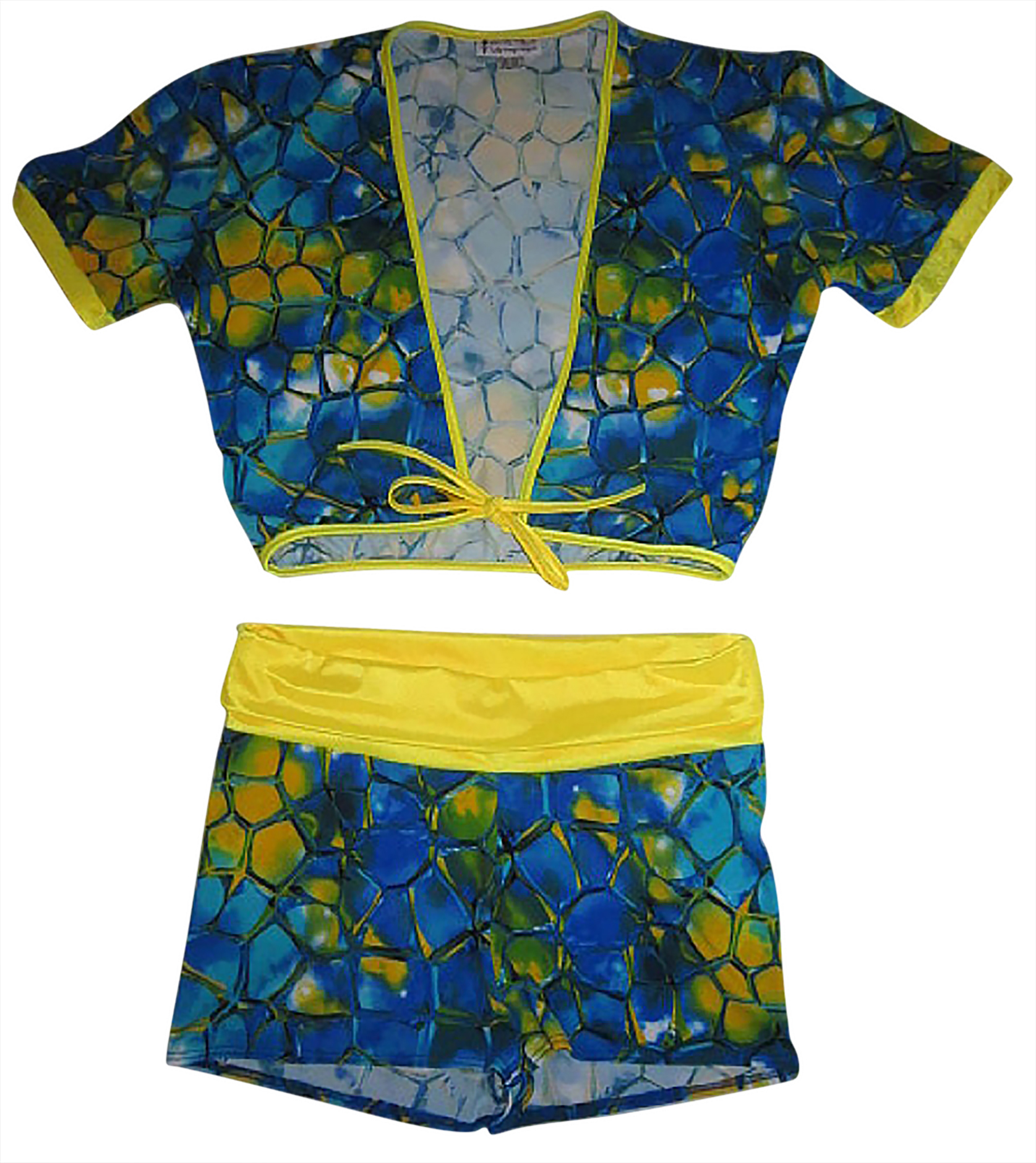 Plus size tie front Crop Top w Roll Over Yoga Short Tortoise Yellow LS -1076PLx+15005PLX