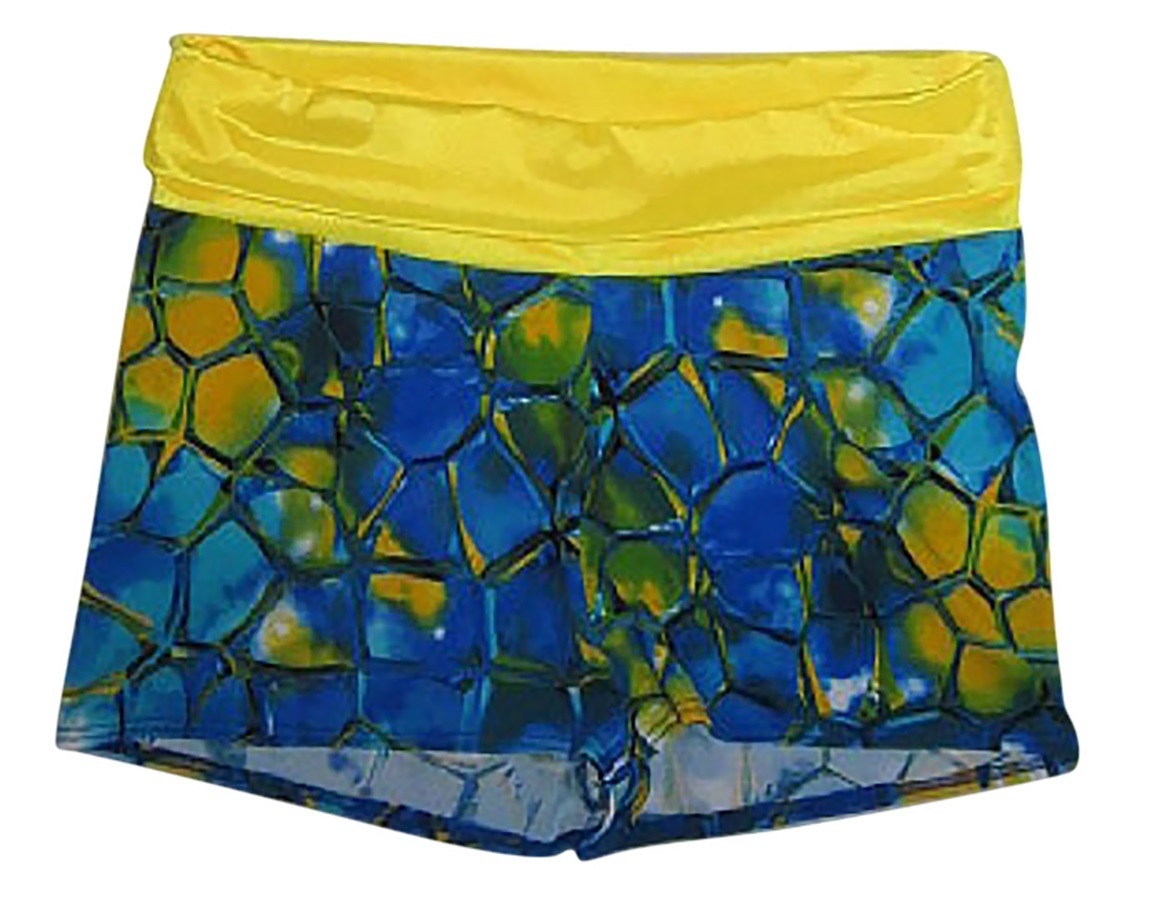 Plus size tie Roll over yoga Short Blue Tortoise Yellow LS-1076PLX-Blue-tortoise