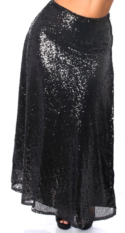 Plus size Black Sequins Long skirt with High slit DC-ACC-15x