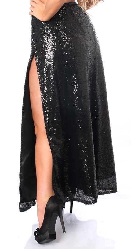 Plus size Black Sequins Long skirt with High slit