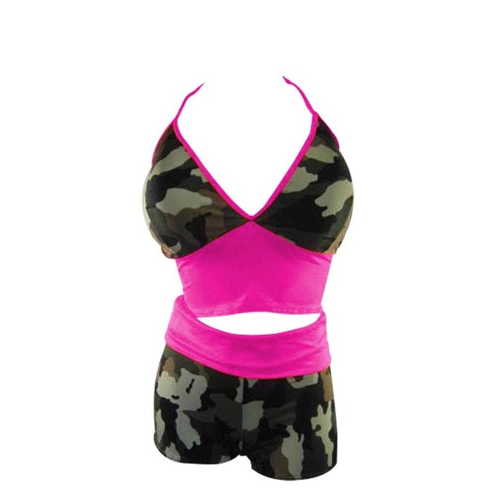 Plus size Camouflage Yoga Short w Halter Top Fuchsia LS1076PL+1036PL-camo-fuchsia