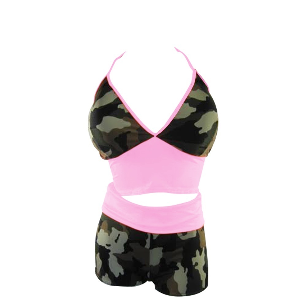 Plus size Camouflage Yoga Short w Halter Top Baby Pink