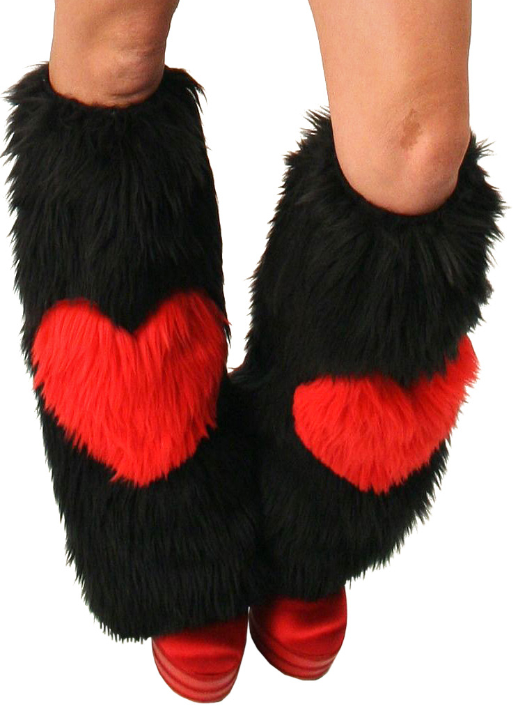 Black Furry Leg warmers w red Heart for Valentine's Day Jval106DL