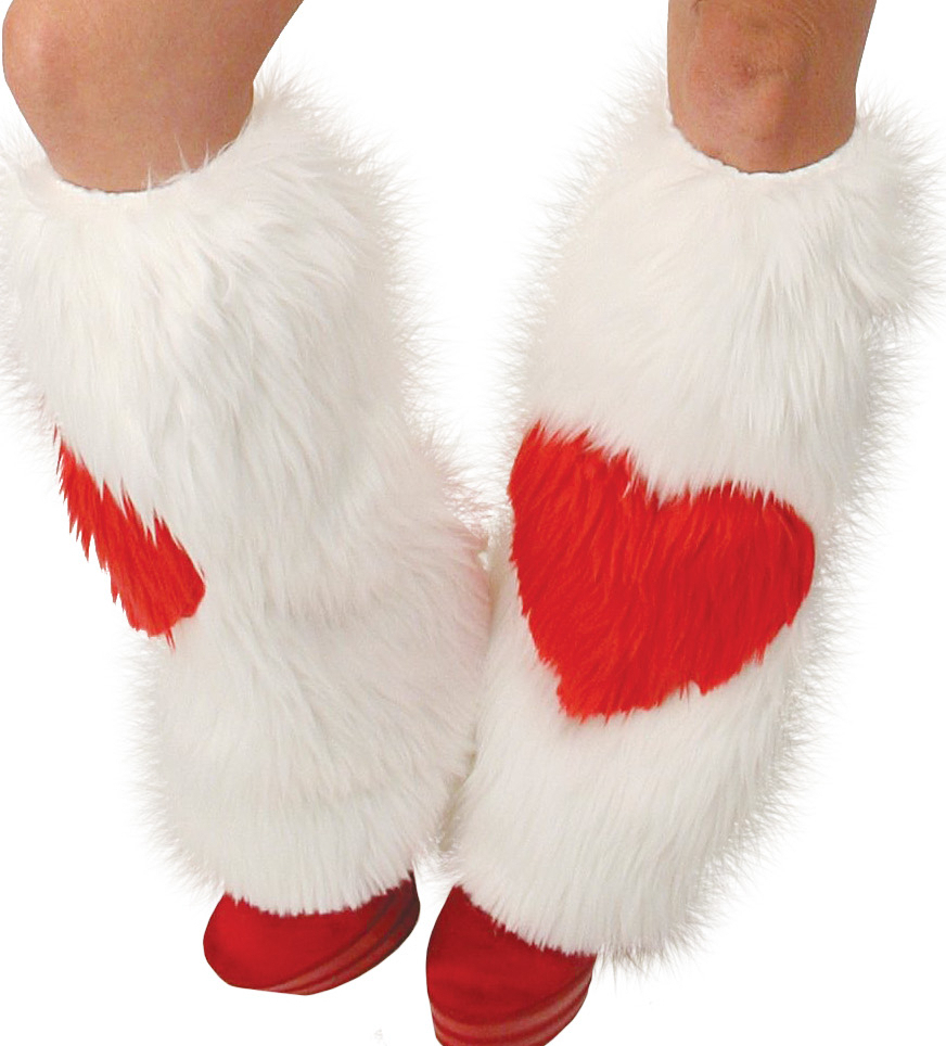 White Furry Leg warmers w red Heart for Valentine's Day Jval107DL