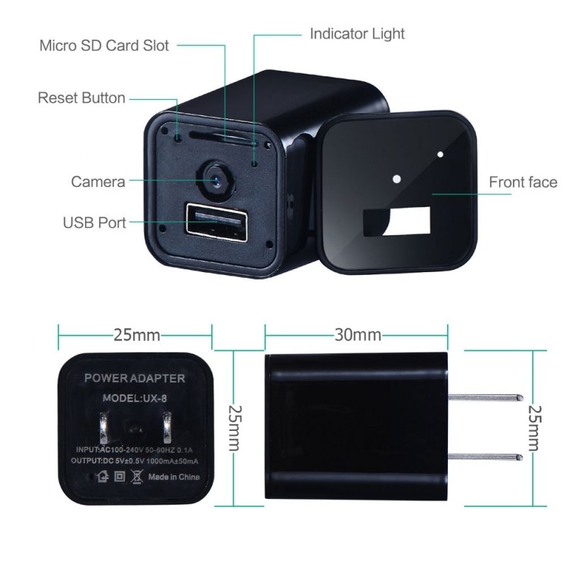 HD 1080P Mini Spy Security Camera USB Charger US Wall Plug - Black