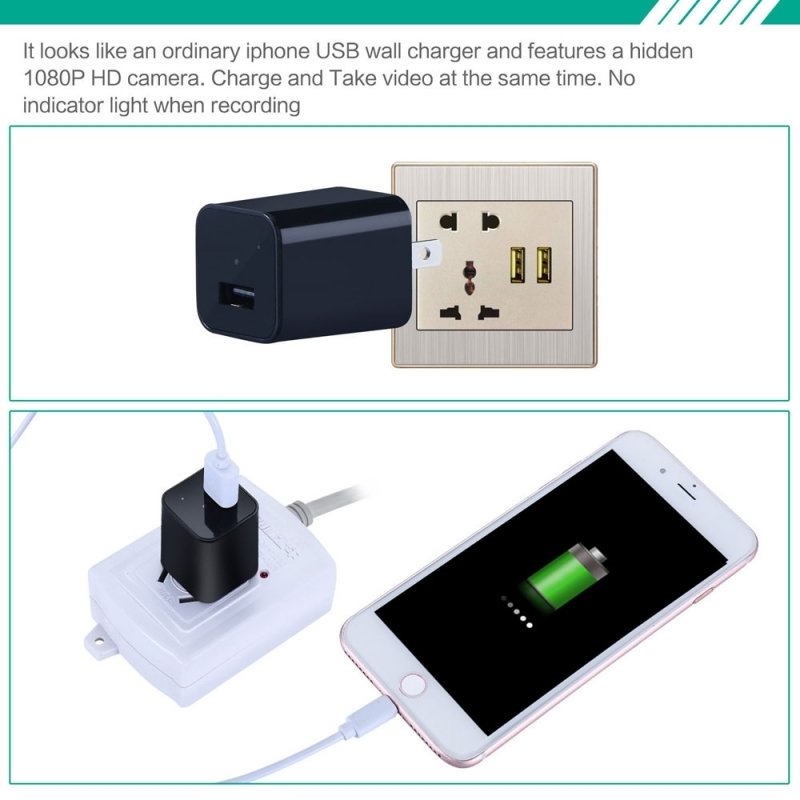 HD 1080P Mini Spy Security Camera USB Charger US Wall Plug - Black