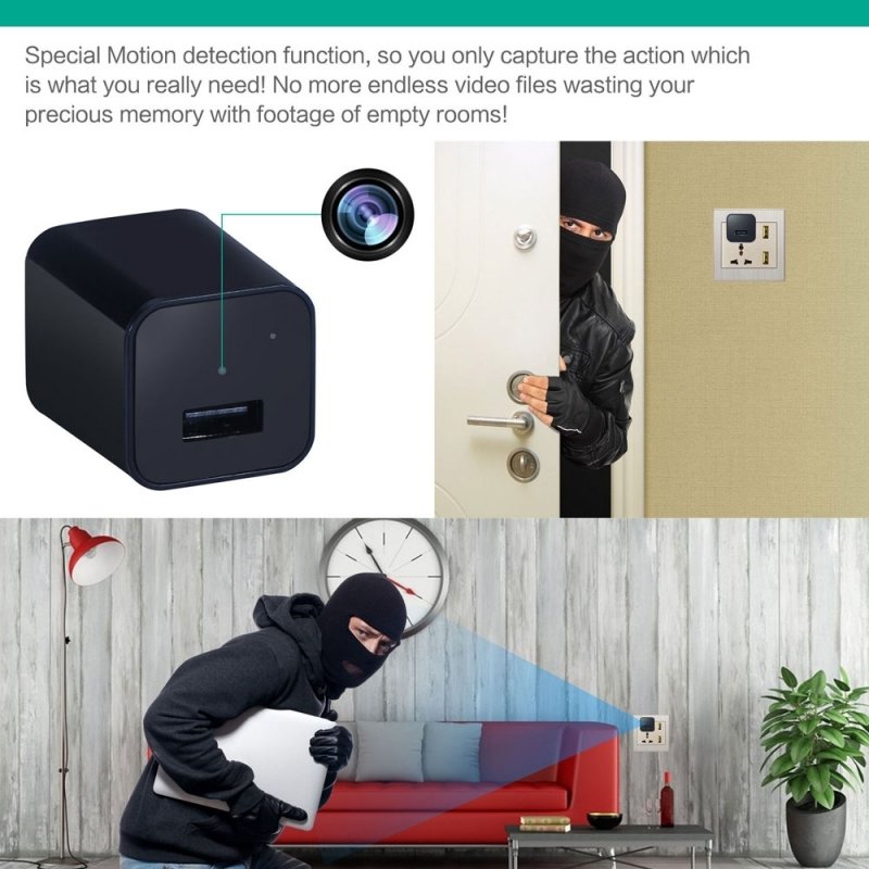 HD 1080P Mini Spy Security Camera USB Charger US Wall Plug - Black