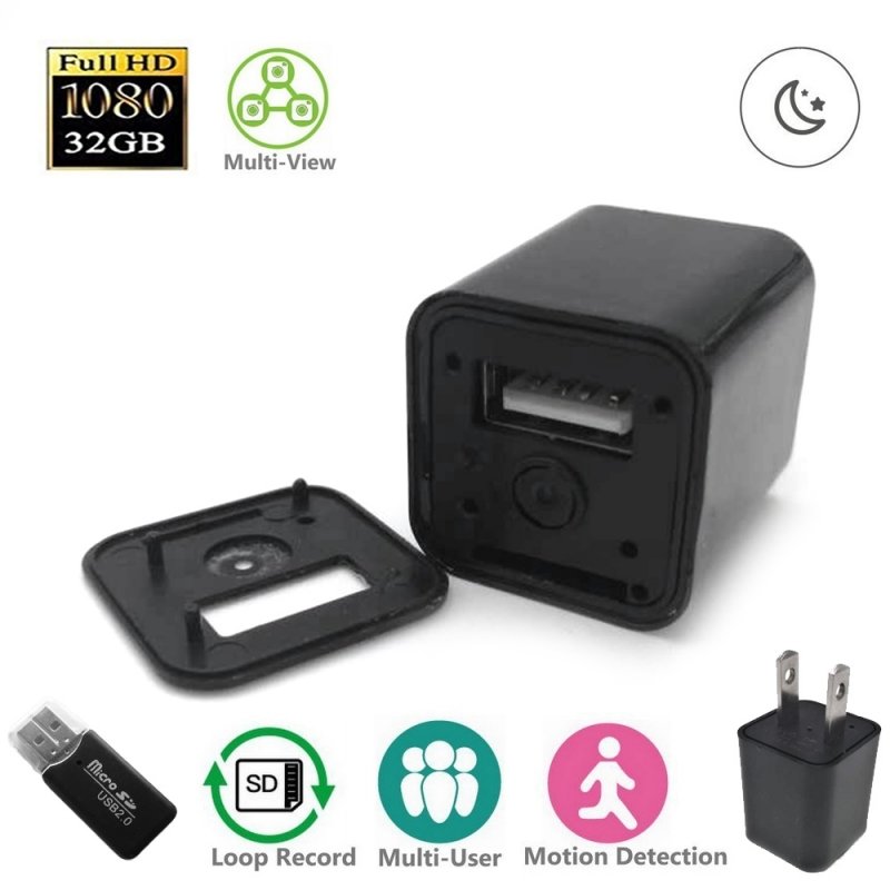 HD 1080P Mini Spy Security Camera USB Charger US Wall Plug - Black