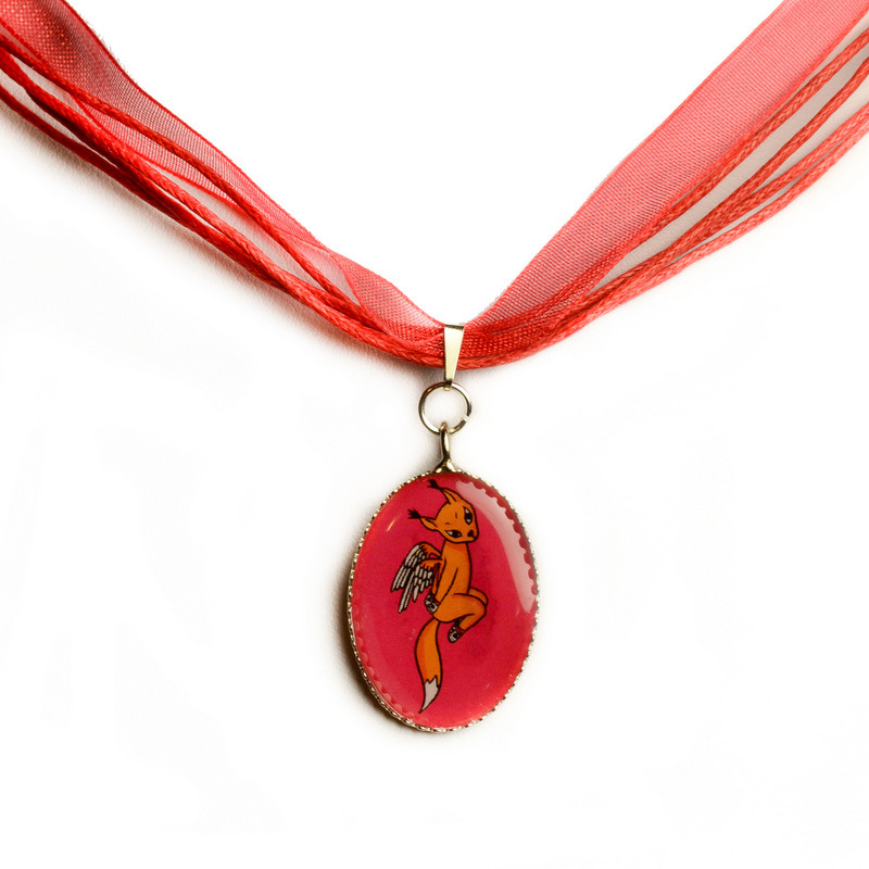 Red chiffon necklace with "Squirrel Muse" pendant 00528