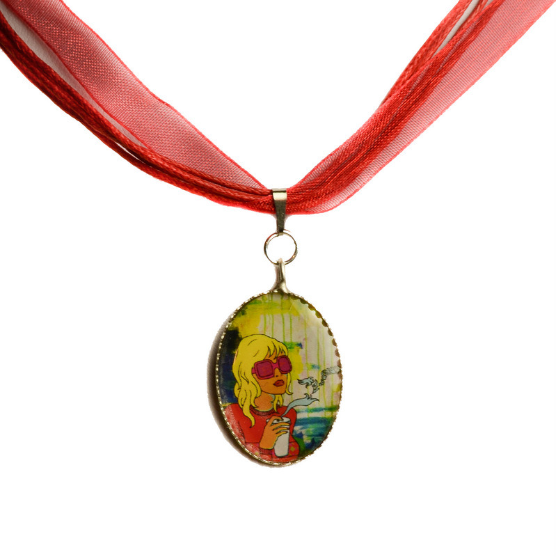 Red chiffon necklace with "Waiting" pendant 00531