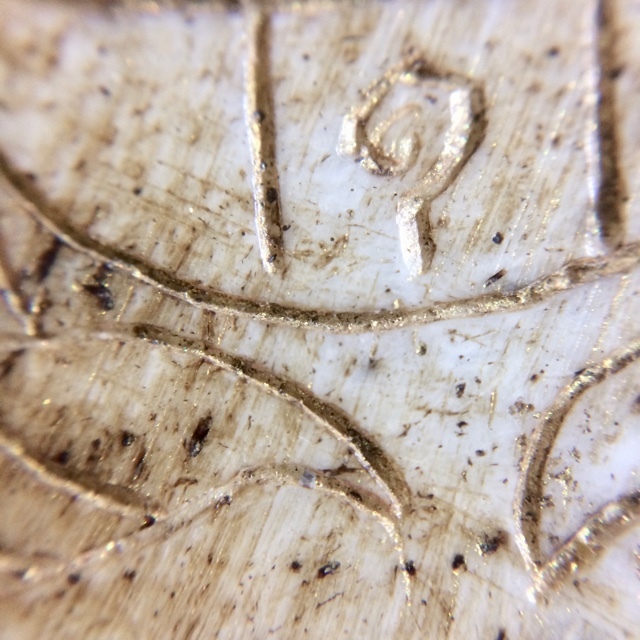 Ban Hneng Graduk Chang Pra Rahu Early Era Elephant Forehead Bone Carving 7x7 Cm Hand Inscriptions Luang Por Pina Free EMS