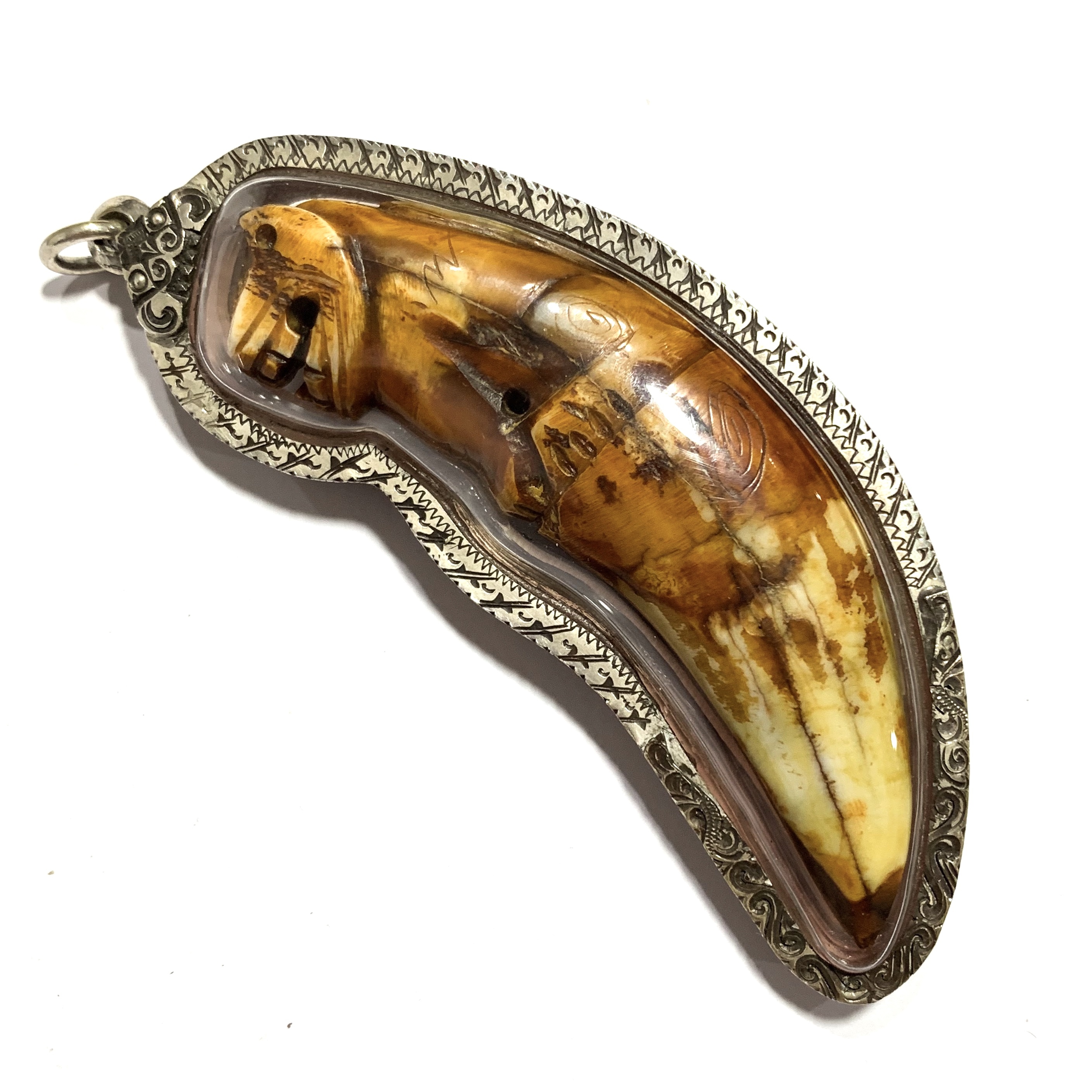 Khiaw Suea Kroeng Gae Tiger Tooth Amulet 4 Inches Hand Spell Inscriptions Silver Custom Casing Luang Por Parn Wat Bang Hia Free EMS