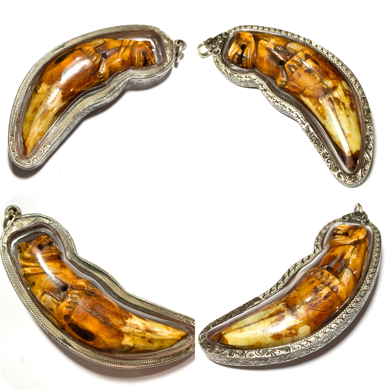 Khiaw Suea Kroeng Gae Tiger Tooth Amulet 4 Inches Hand Spell Inscriptions Silver Custom Casing Luang Por Parn Wat Bang Hia Free EMS