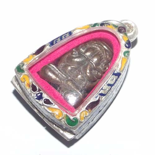 Pra Pid Ta Maha Ud Nuea Nava Loha with solid silver enamelled casing - Luang Por Niyom Wat Takian Tia - extremely rare! 02528