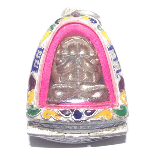 Pra Pid Ta Maha Ud Nuea Nava Loha with solid silver enamelled casing - Luang Por Niyom Wat Takian Tia - extremely rare!