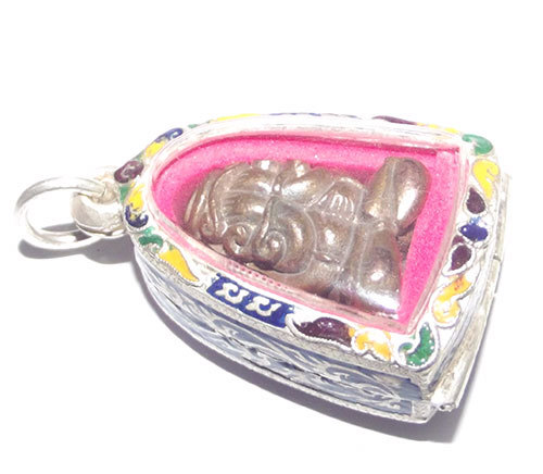 Pra Pid Ta Maha Ud Nuea Nava Loha with solid silver enamelled casing - Luang Por Niyom Wat Takian Tia - extremely rare!