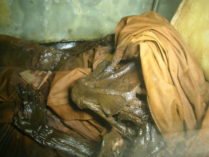 The corpse of Luang Por Pina which was found in meditation posture, dead since over 12 Hours, but was still warm to the surprise of those who found him, because a corpse that is dead for over 12 hours should be still as a board and cold.. his body was not mummified or given any special treatment according to his wishes and placed in his mausoleum