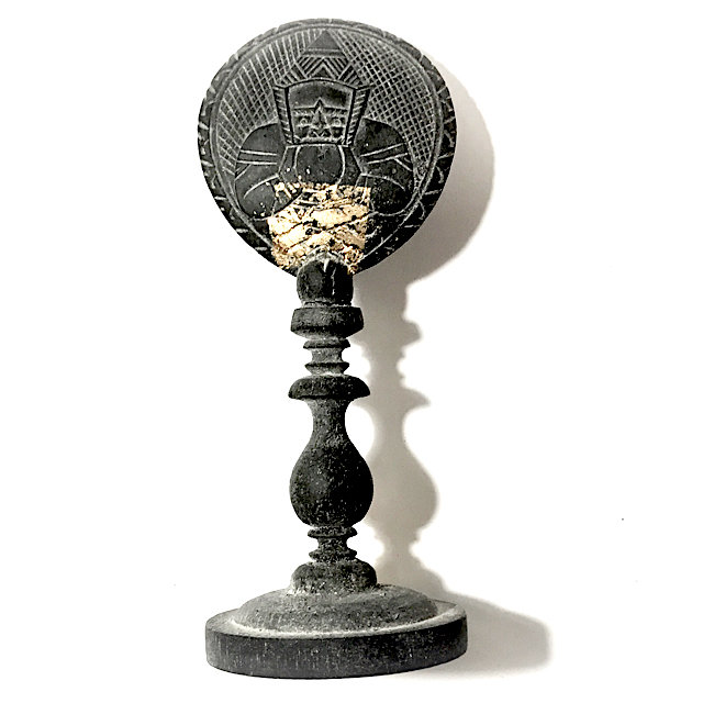 Rahu Om Jantr 1 Eyed Coconut Shell Carved Asura Deva Eclipse God on Altar Stand + Spell Inscriptions - Luang Por Pin Wat Srisa Tong 03265