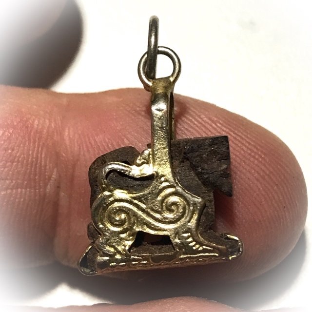 Singh Mai Gae Carved Sacred Wood Himapant Lion Brass Frame Circa 2500 BE Luang Por Horm Wat Chak Hmak