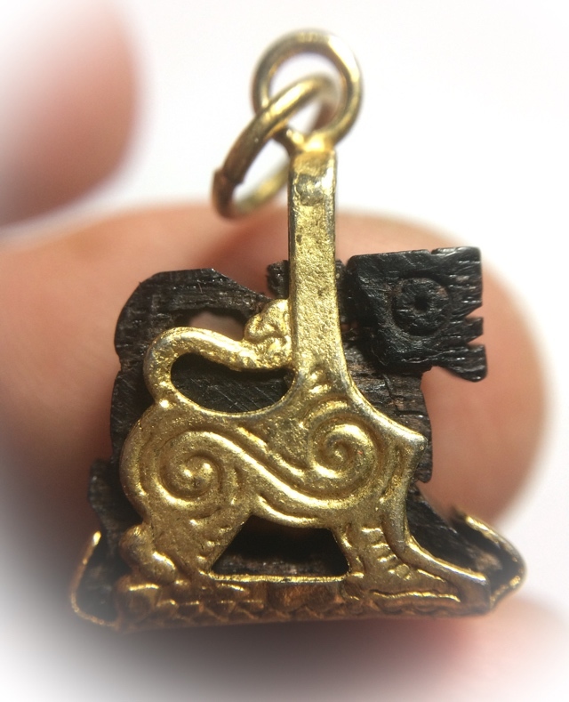 Carved Sacred Wood Singha Himapant Lion Brass Frame Circa 2500 BE Luang Por Horm Wat Chak Hmak