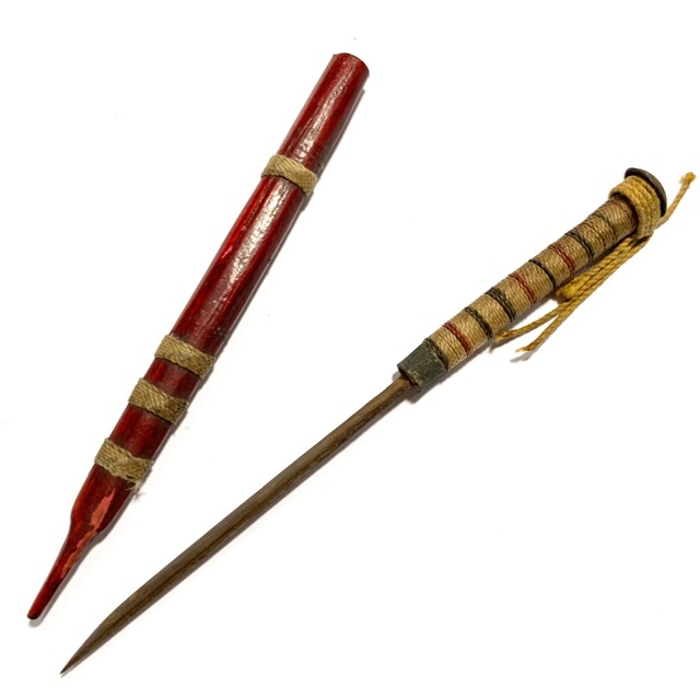 Meet Daab Lek Akom Ritual Spirit Knife Thai Flag Cord Hilt & Sinjana Cord spellbound wrapped sheath 6 Inches - Luang Por Tob 03706