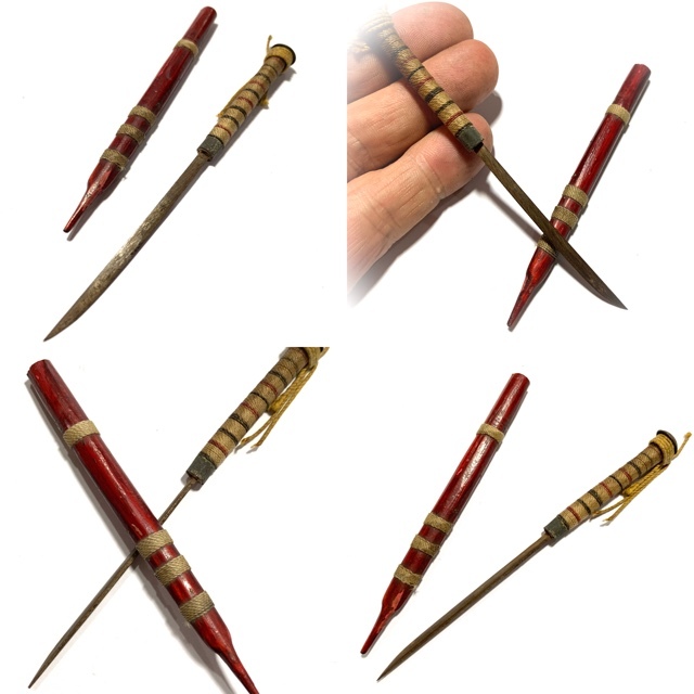Meet Daab Lek Akom Ritual Spirit Knife Thai Flag Cord Hilt & Sinjana Cord spellbound wrapped sheath 6 Inches - Luang Por Tob