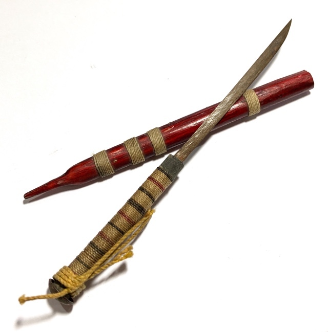 Meet Daab Lek Akom Ritual Spirit Knife Thai Flag Cord Hilt & Sinjana Cord spellbound wrapped sheath 6 Inches - Luang Por Tob