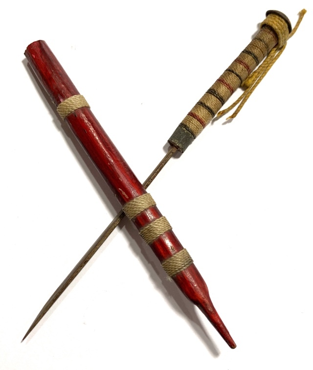 Meet Daab Lek Akom Ritual Spirit Knife Thai Flag Cord Hilt & Sinjana Cord spellbound wrapped sheath 6 Inches - Luang Por Tob