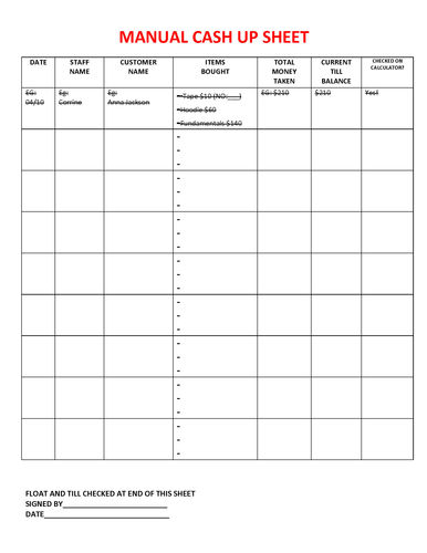 Manual Cash Up Sheet