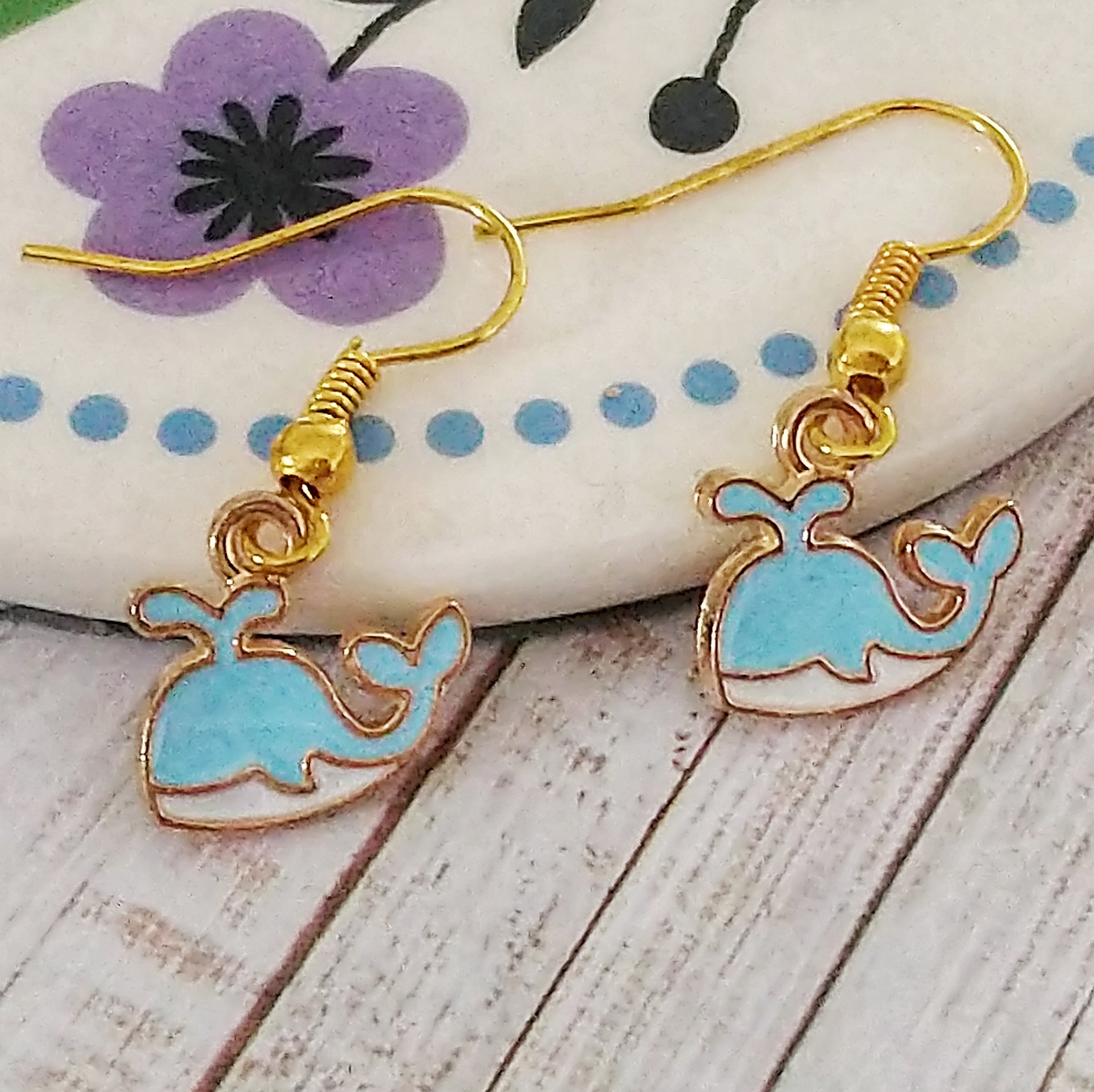 Blue Whale Earrings on Gold Coloured Ear Wires 00411
