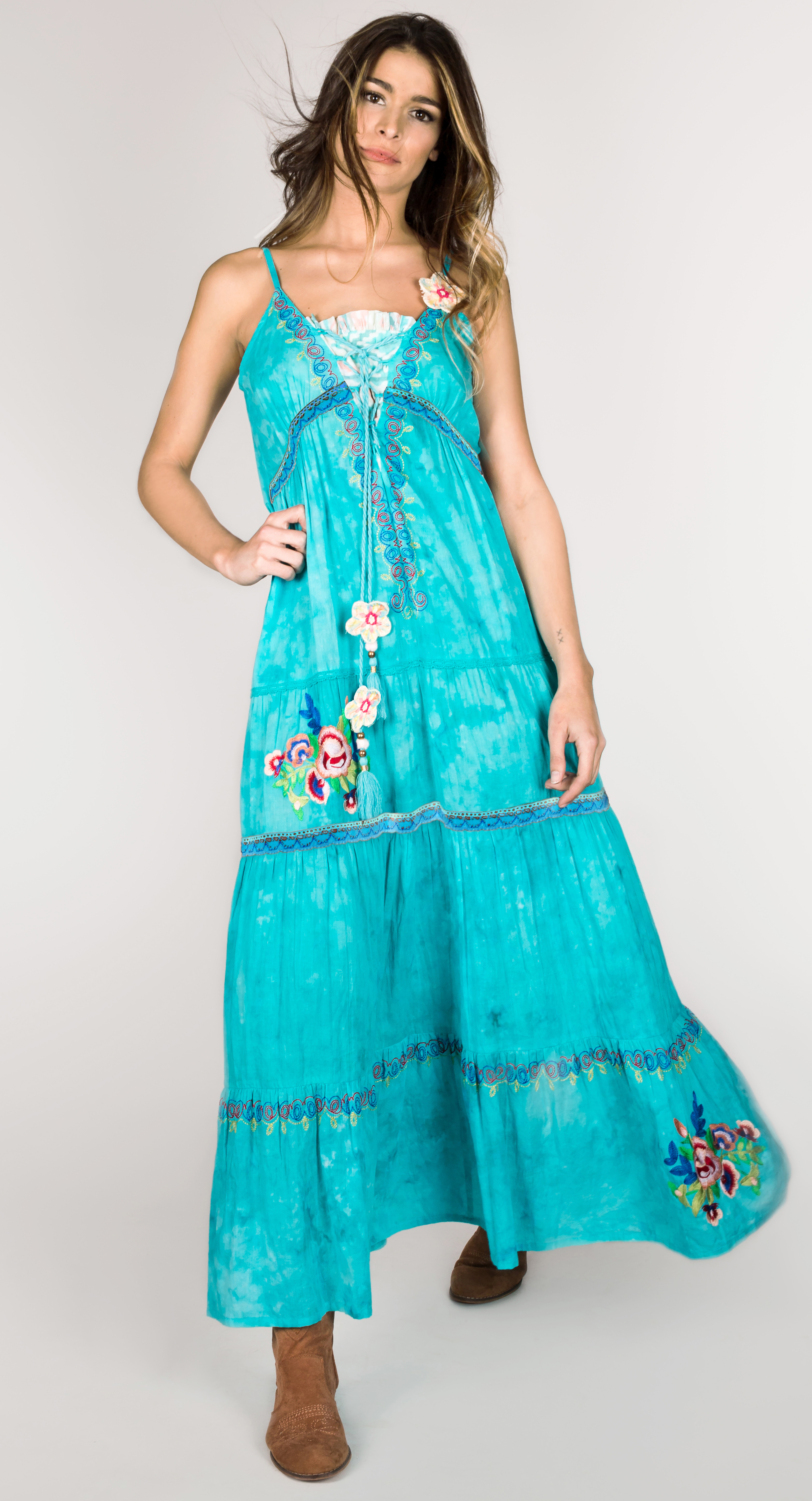 Shoklett: High Low Corset Tied Bodice Sea Flower Maxi Dress Sherlyn SHOKLETT_10022S19DR_N