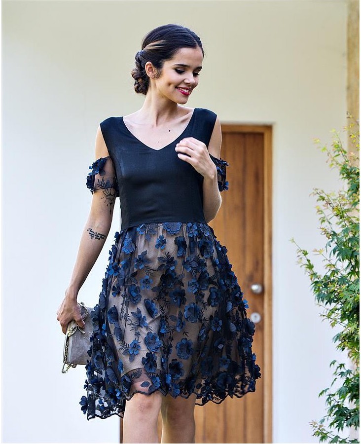 Paul Brial: Blue Rose Petal Cold Shoulder Cocktail Dress PB_COCKTAIL