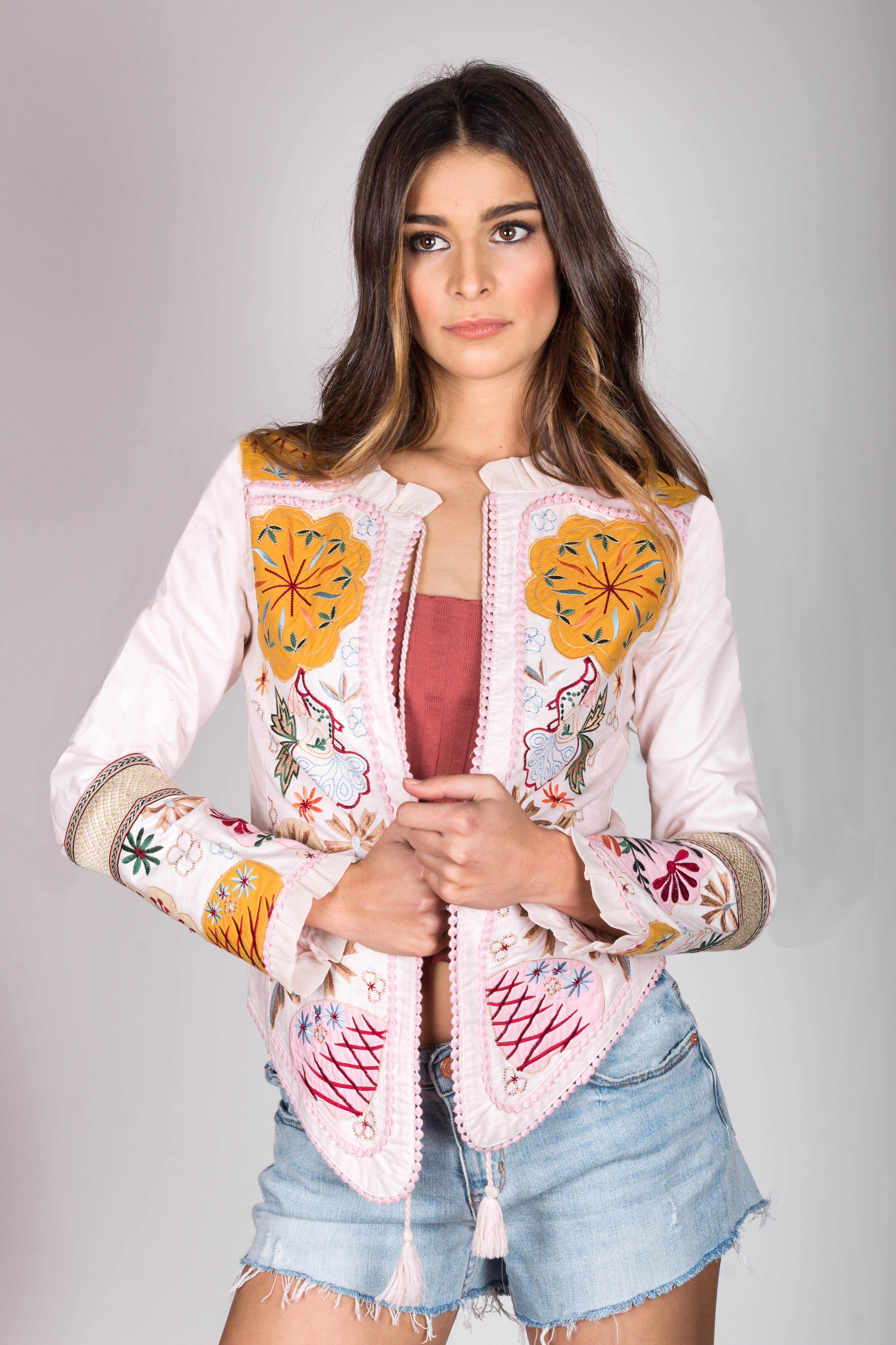 Shoklett: Pale Pink Rose Ruffled Jody Cotton Jacket SHOKLETT_10003s19jk_jacket