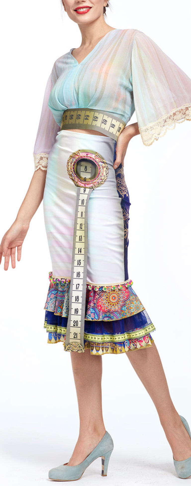 IPNG: Iridescent Rose Garden Ruffled Lokoometric Illusion Midi Skirt