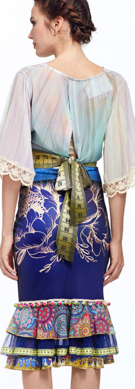 IPNG: Iridescent Rose Garden Ruffled Lokoometric Illusion Midi Skirt
