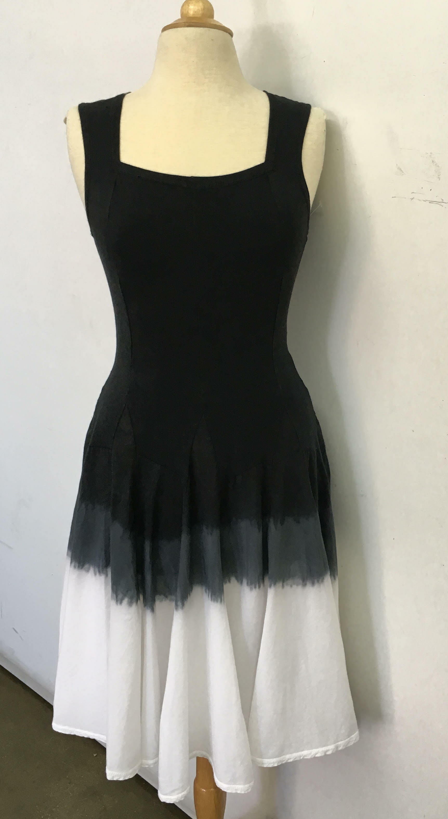 Luna Luz: Godet Dyed Black/White Ombre Square Neck Dress (Ships Immed, 2 Left in Black/White!)