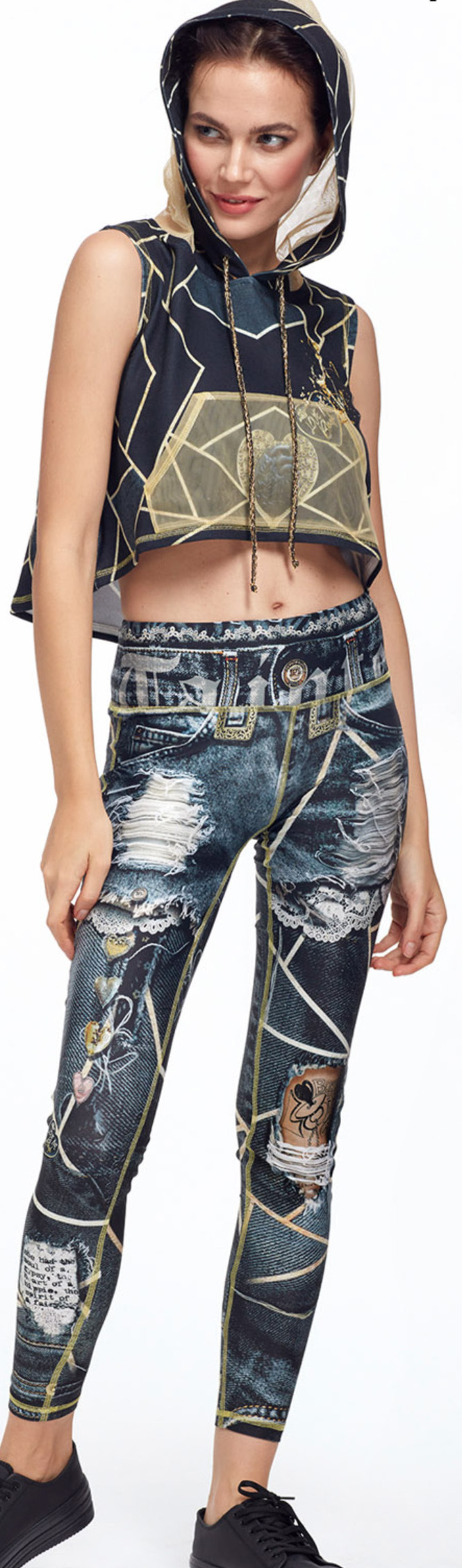 IPNG: Love Me Black Ripped Jewels Denim Illusion Legging