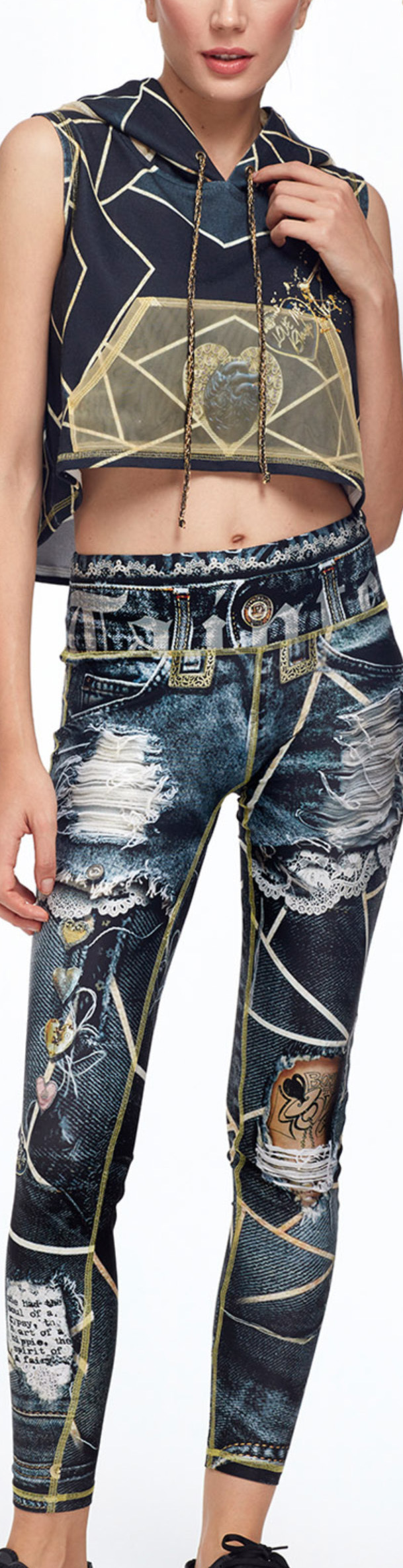 IPNG: Love Me Black Ripped Jewels Denim Illusion Legging
