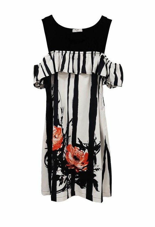 Paul Brial: Wild Orange Rose Cold Shoulder Ruffled Midi Dress