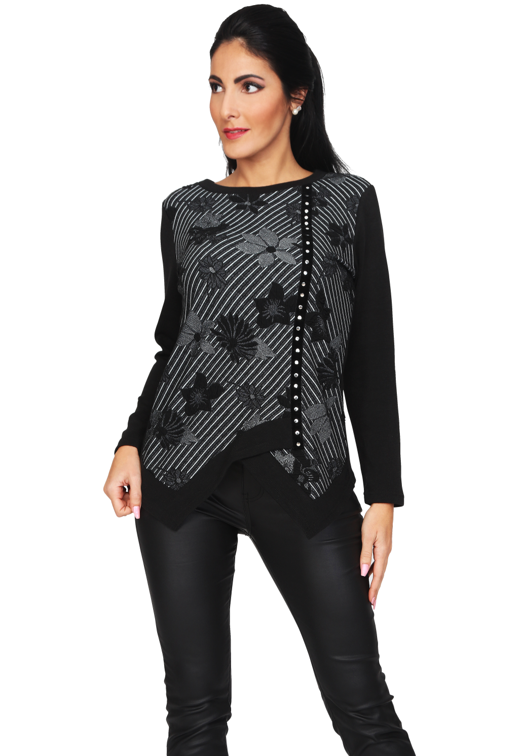S'Quise Paris: Asymmetrical Black Petals Tunic SQ_2505_N