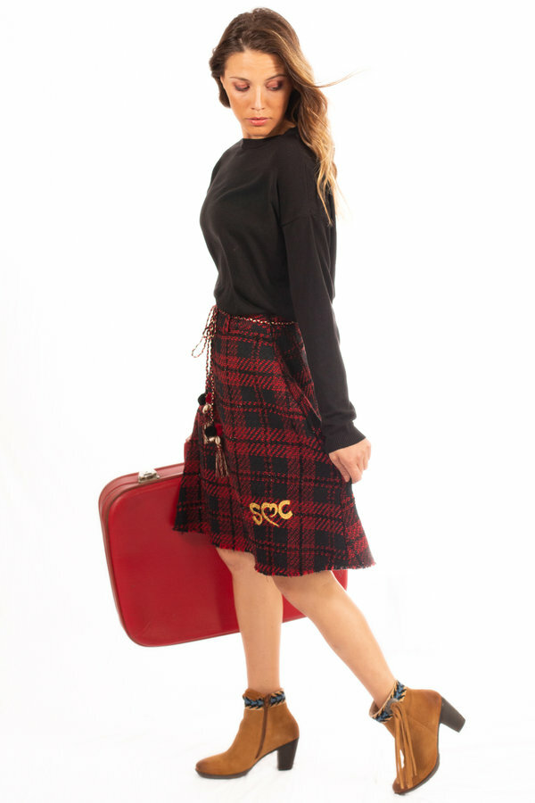 Savage Culture: Venetian Red Checkered Fringed Midi Skirt