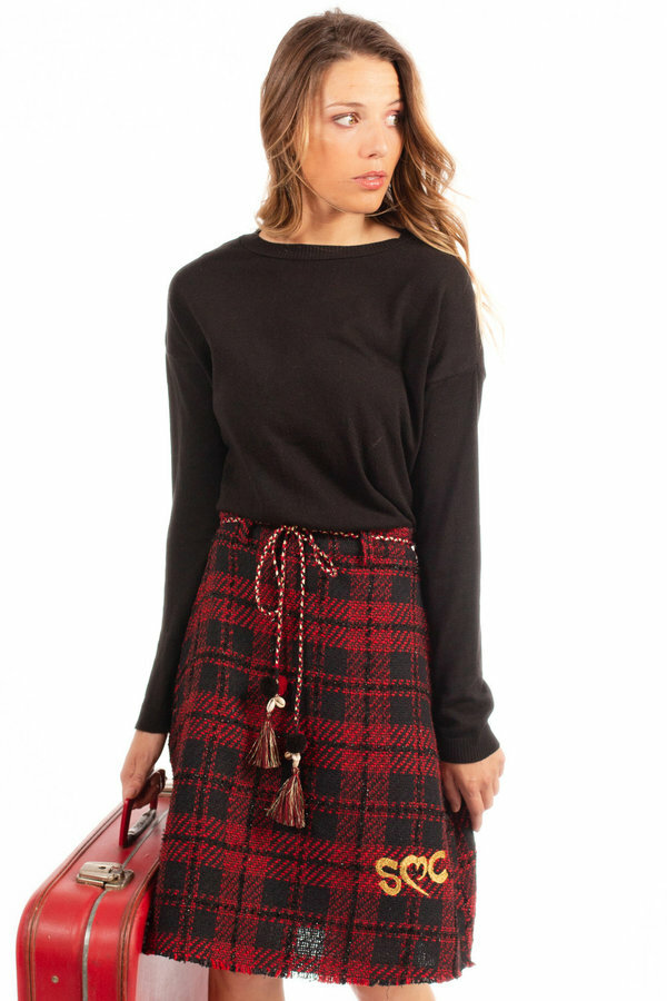 Savage Culture: Venetian Red Checkered Fringed Midi Skirt SAVAGE_37010