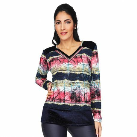 S'Quise Paris: Pink Forest Velvet Hem Sweater Top SQ_2501_N