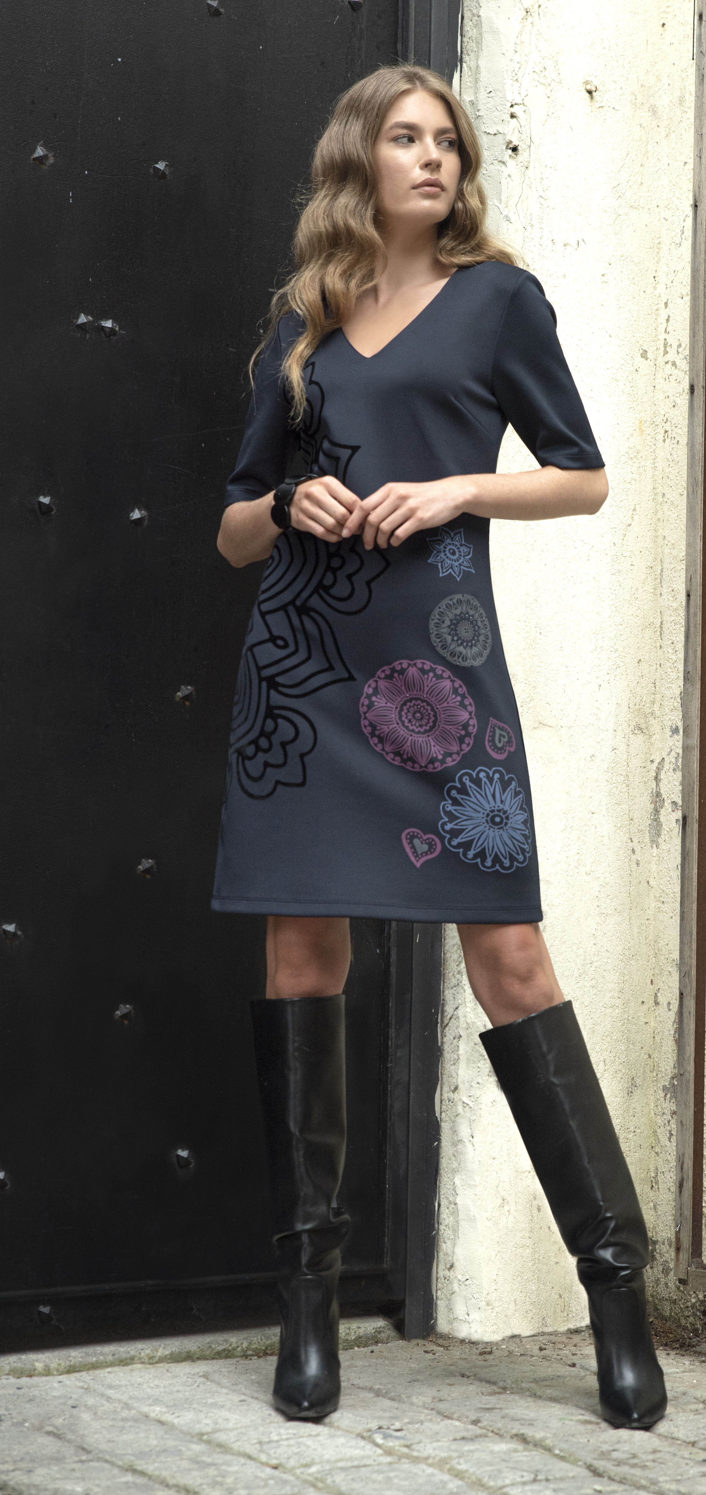Dolcezza: Blue Velvet Engraved Petals Midi Dress (1 Left!) Dolcezza_59166_N