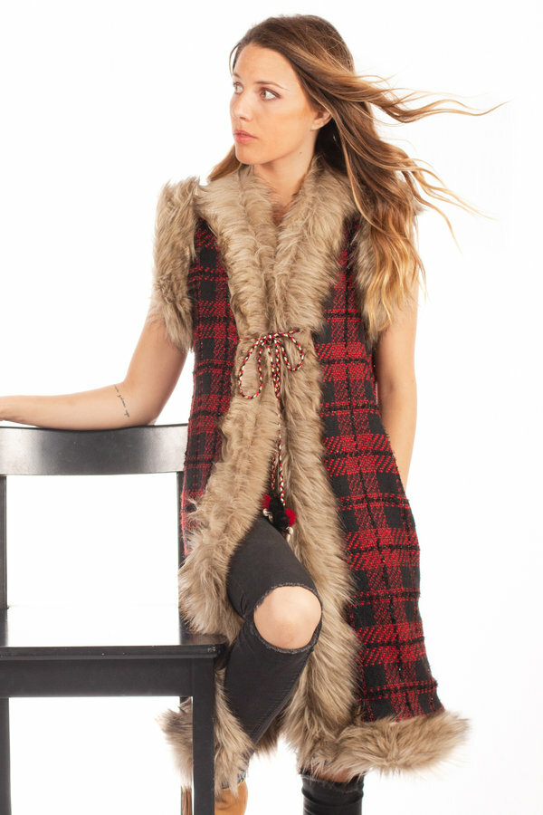 Savage Culture: Venetian Red Checkered Faux Fur Long Vest