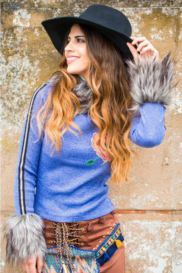 Savage Culture: Orange Rose Blue Jeans Knit Faux Fur Sweater