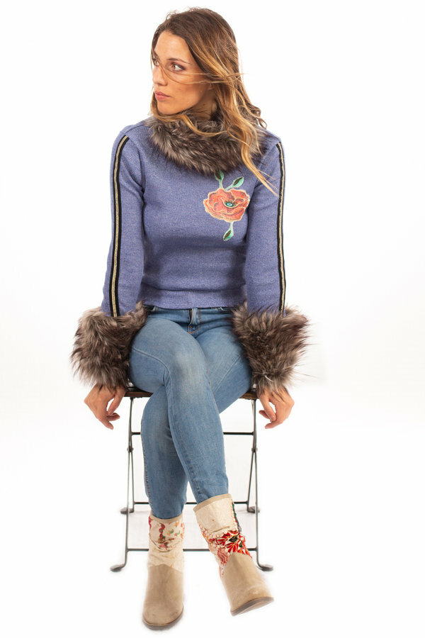 Savage Culture: Orange Rose Blue Jeans Knit Faux Fur Sweater