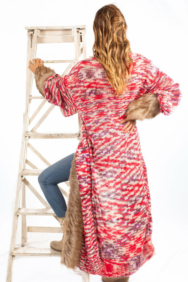 Savage Culture: Pink Purple Pom Pom Faux Fur Long Cardigan Coat