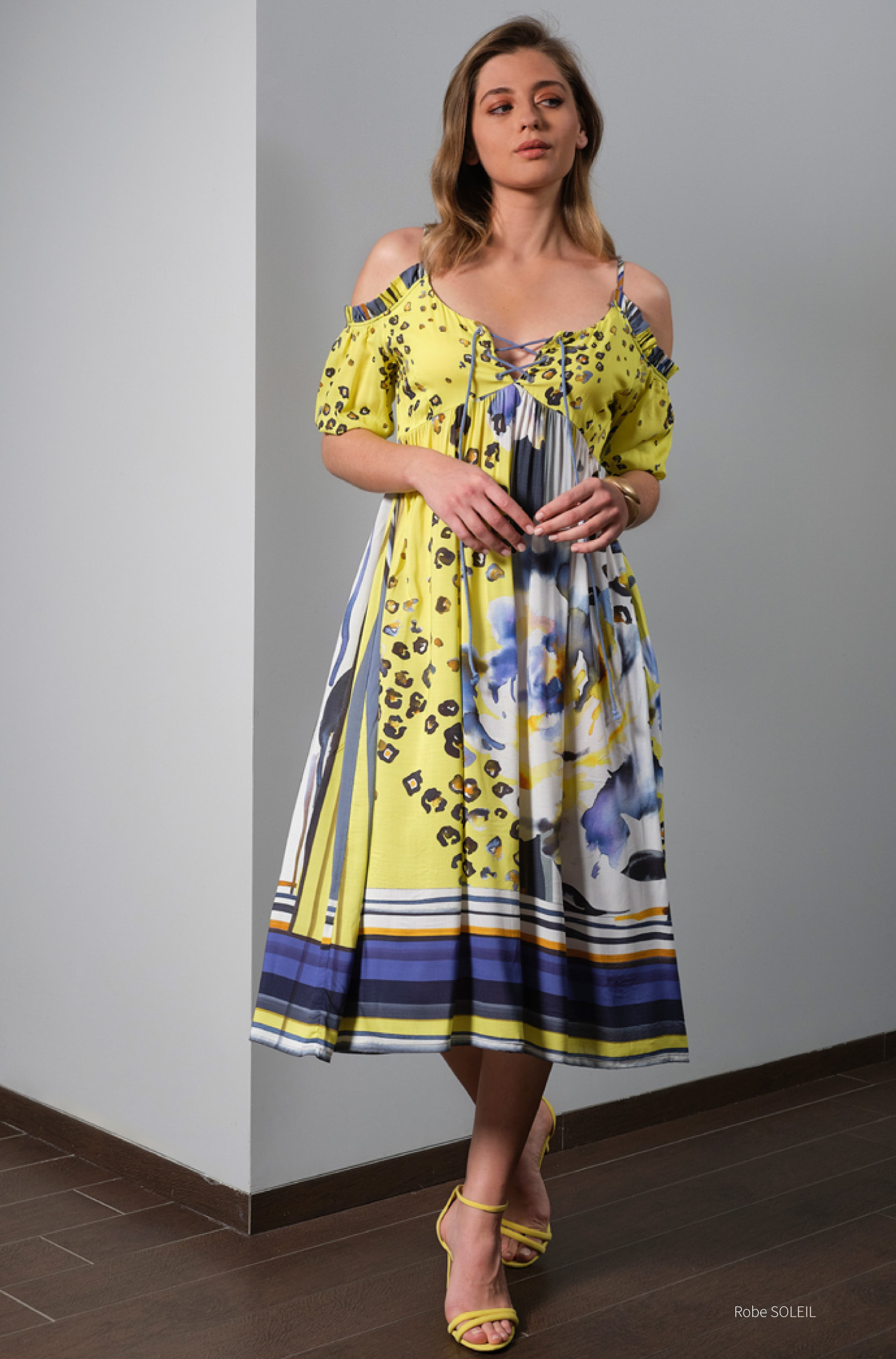 Paul Brial Wild Lily Cold Shoulder Corset Decolletage Midi Dress