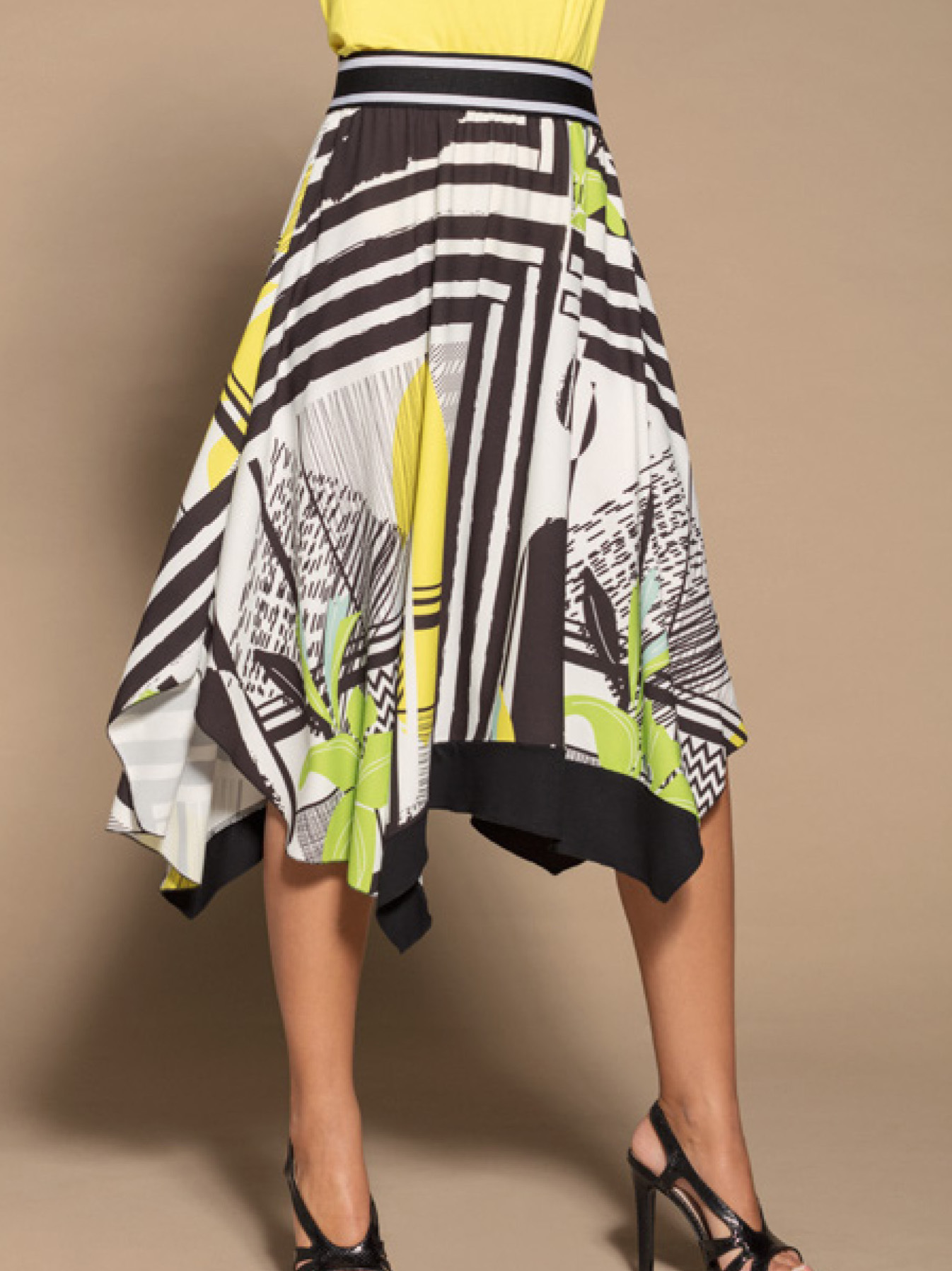 Maloka: Lemon Lime Marble High Waisted Asymmetrical Midi Skirt MK_NADEEN